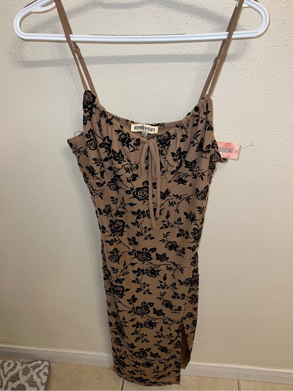 Inspired Hearts Tan Dress with Black Floral Print